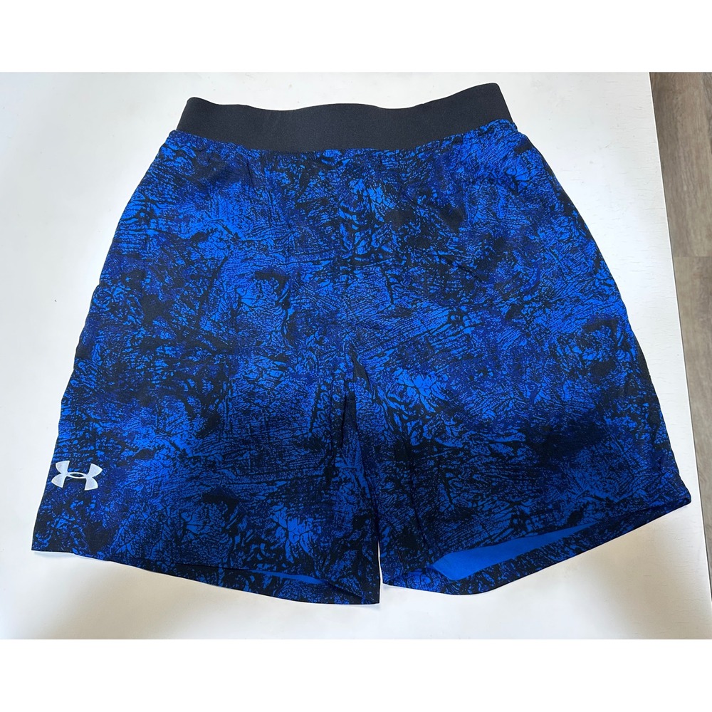 Under Armour HeatGear Shorts Womens Medium Blue Black Crackle Print Athletic Gym